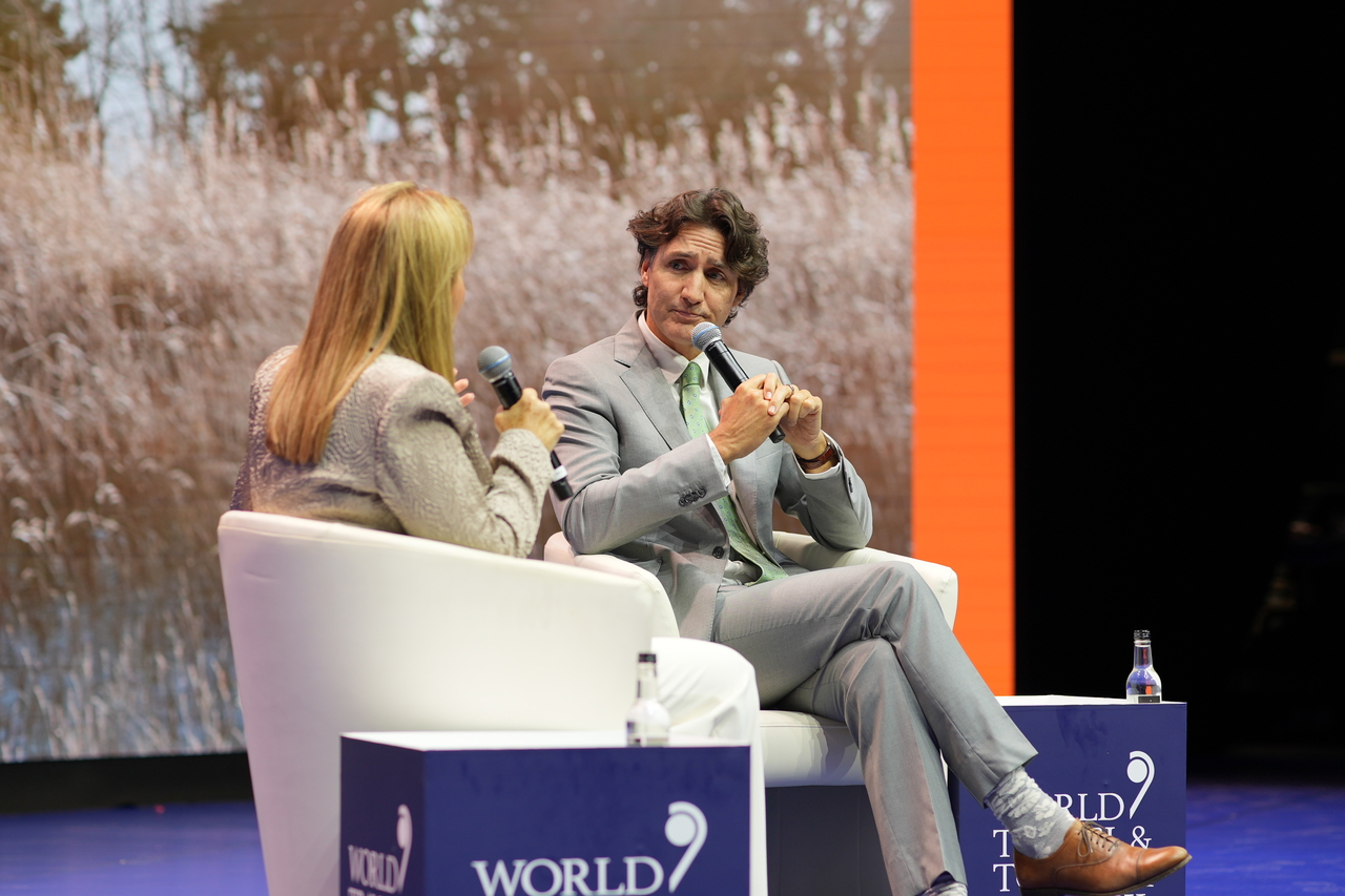 Former Canadian Prime Minister Justin Trudeau (right) speaks during a session with WTTC CEO Gloria Guevara during the WTTC Summit 2026 held in Valletta, Malta, Friday. (Courtesy of WTTC)