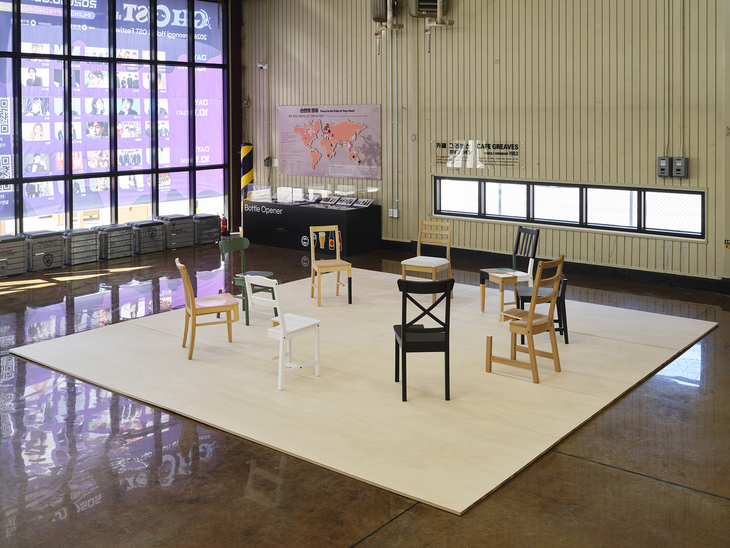 Installation view of Ahn Kyu-chul’s “Nine Chairs” (2026) at Cafe Greaves in Camp Greaves, Paju, Gyeonggi Province (Gyeonggi Province)