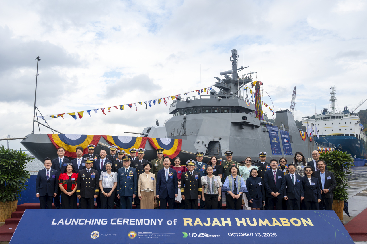 The Rajah Humabon, the third offshore patrol vessel built for the Philippine Navy, is launched at HD Hyundai Heavy Industries' Ulsan headquarters on Tuesday. [HD Hyundai Heavy Industries]