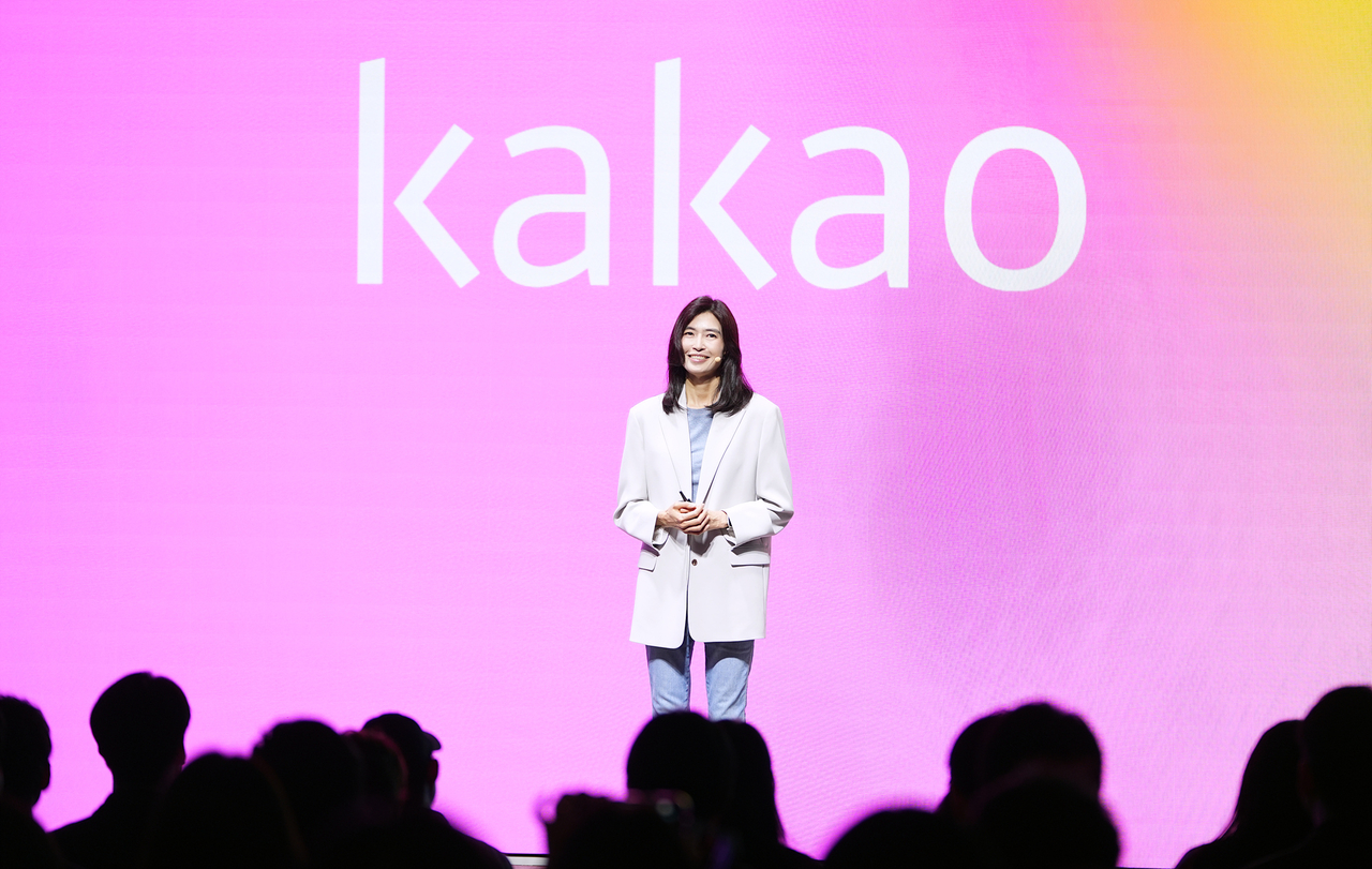 Kakao CEO Chung Shin-a delivers a keynote speech at the "if(kakao) 2026" developers conference at the Kakao AI Campus in Yongin, Gyeonggi Province, on Tuesday. (Kakao)