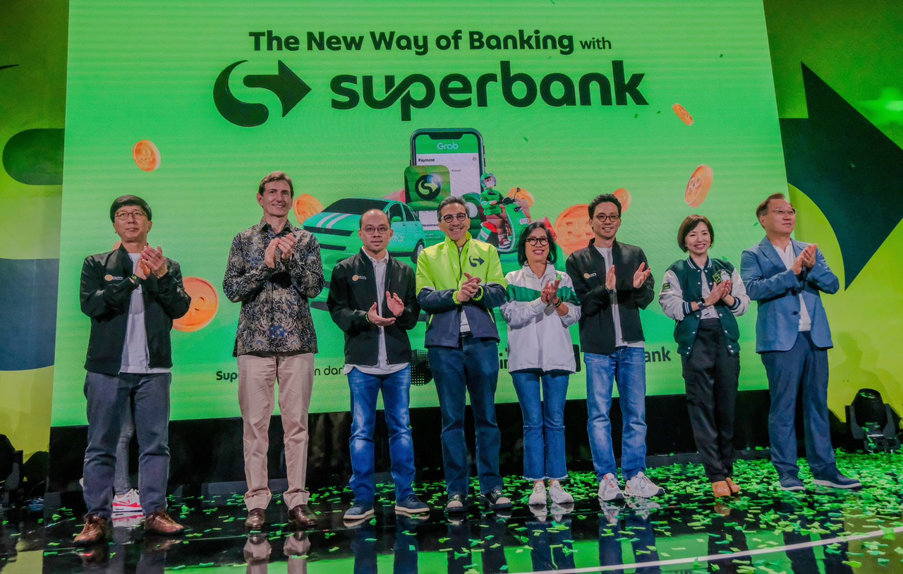 Kakao Bank Chief Executive Yoon Ho-young (first from right) attends the official launch event for Superbank in Jakarta, Indonesia, in June 2024. [Kakao Bank]