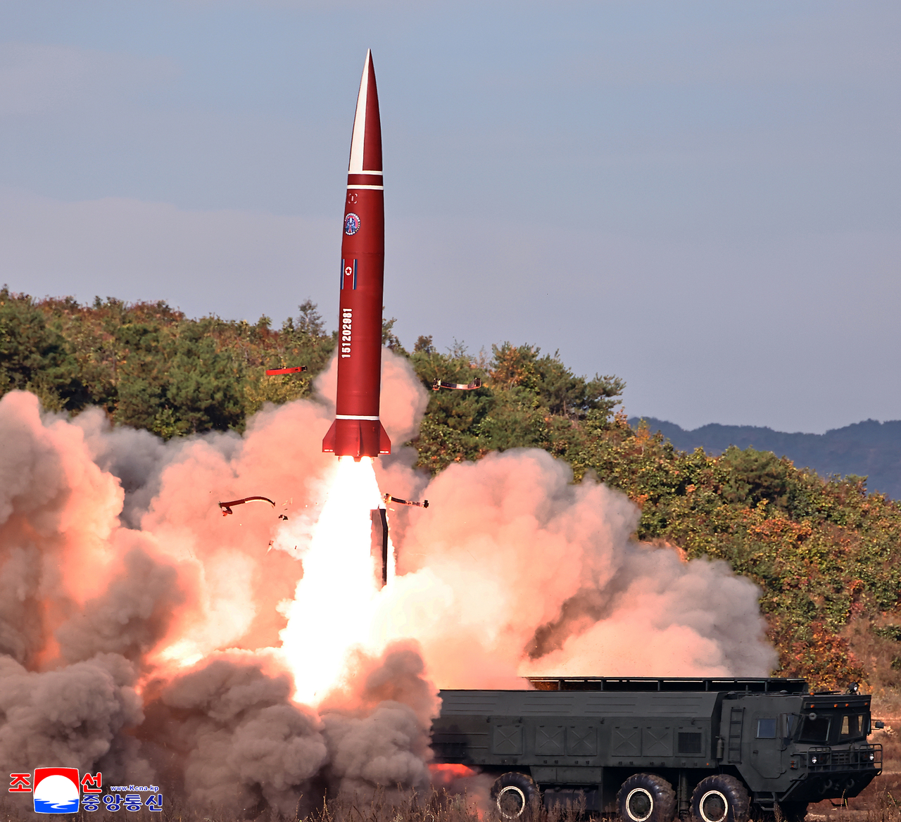 A screen capture of North Korean media coverage of a tactical ballistic missile test conducted on Oct. 12, as reported by the Korean Central News Agency on Tuesday. (KCNA via Yonhap)