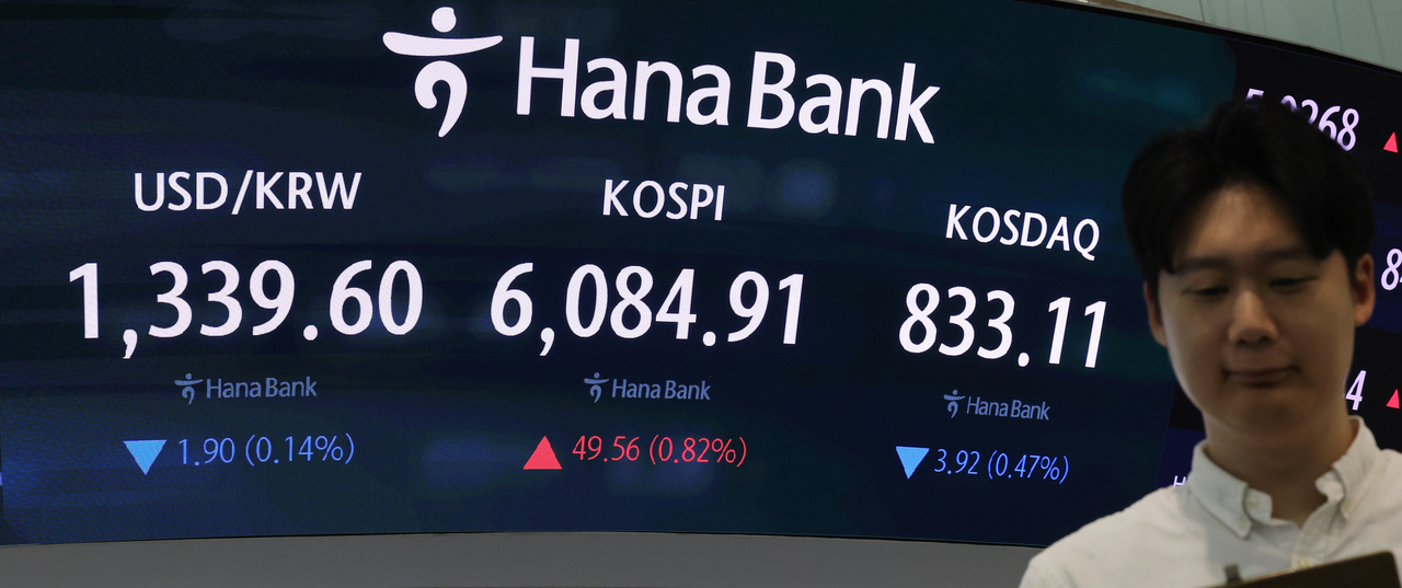 An electronic board showing the Korea Composite Stock Price Index at a dealing room of the Hana Bank headquarters in Seoul on Wednesday. (Yonhap)