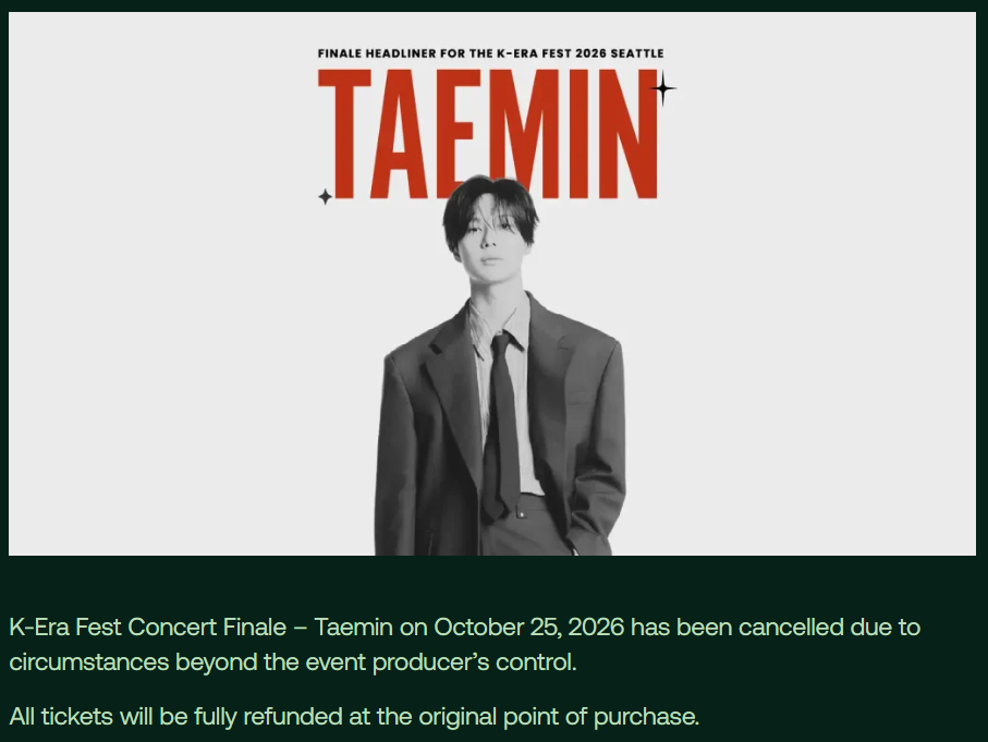An announcement by K-Era Fest organizer OCAAT regarding the cancellation of Taemin's Oct. 25 concert at Climate Pledge Arena in Seattle, Washington (Screenshot from Climate Pledge Arena's official website)