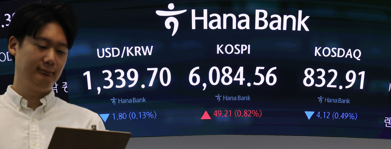 An electronic board showing the Korea Composite Stock Price Index at a dealing room of the Hana Bank headquarters in Seoul on Wednesday. (Yonhap)