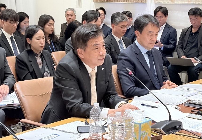 Ambassador Cha Ji-hoon speaks during a National Assembly Foreign Affairs and Unification Committee national audit held at South Korea's Permanent Mission to the United Nations in New York on Tuesday (local time).