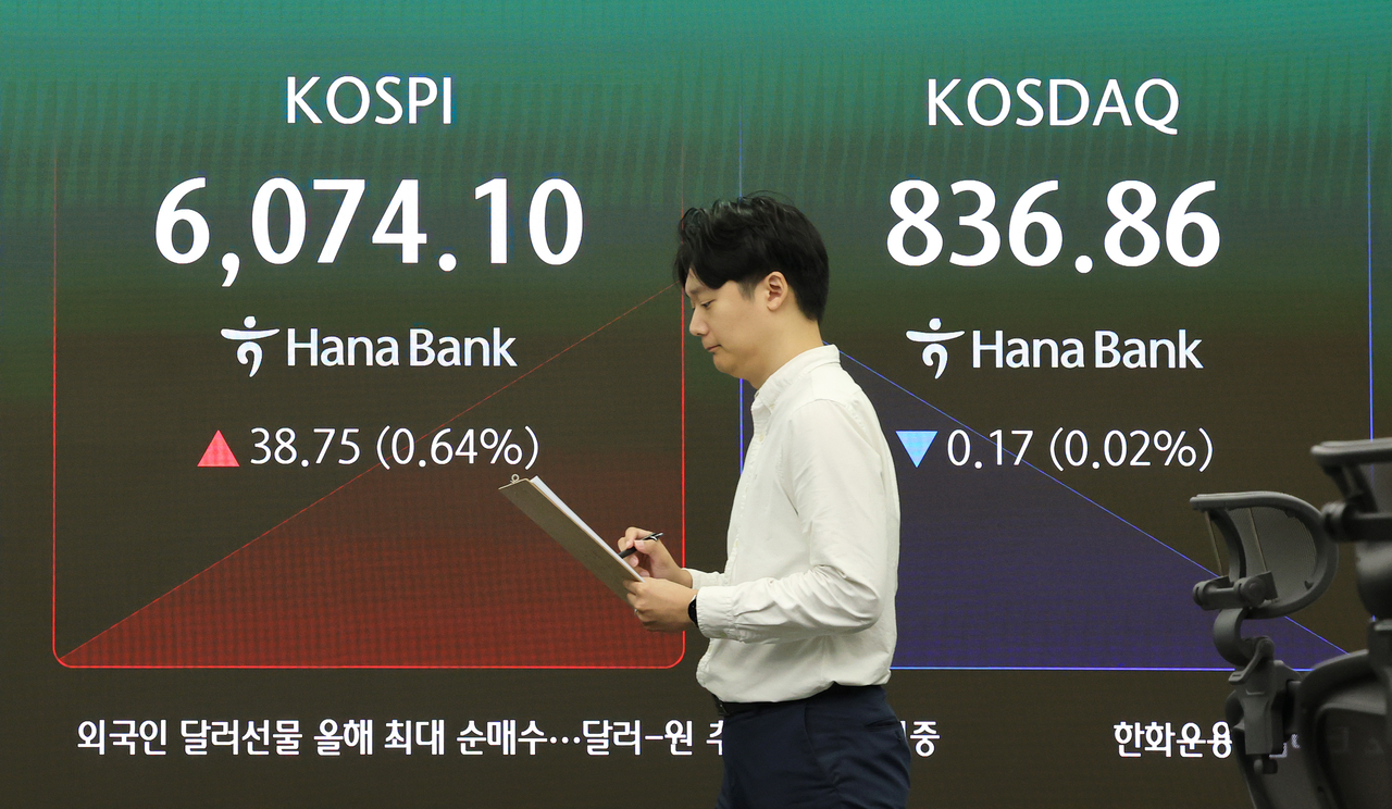 전날 급락했던 코스피 지수가 장 초반 1% 내 상승세로 출발한 14일 서울 중구 하나은행 본점 딜링룸 전광판에 코스피와 코스닥이 표시돼 있다.  [연합]