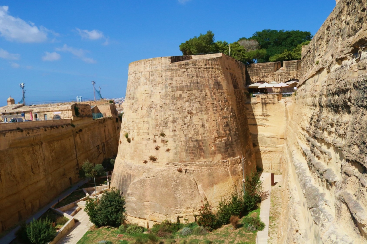 A large stone wall is built on a moat surrounding Valletta, Malta. (Son Ji-hyoung/The Korea Herald)