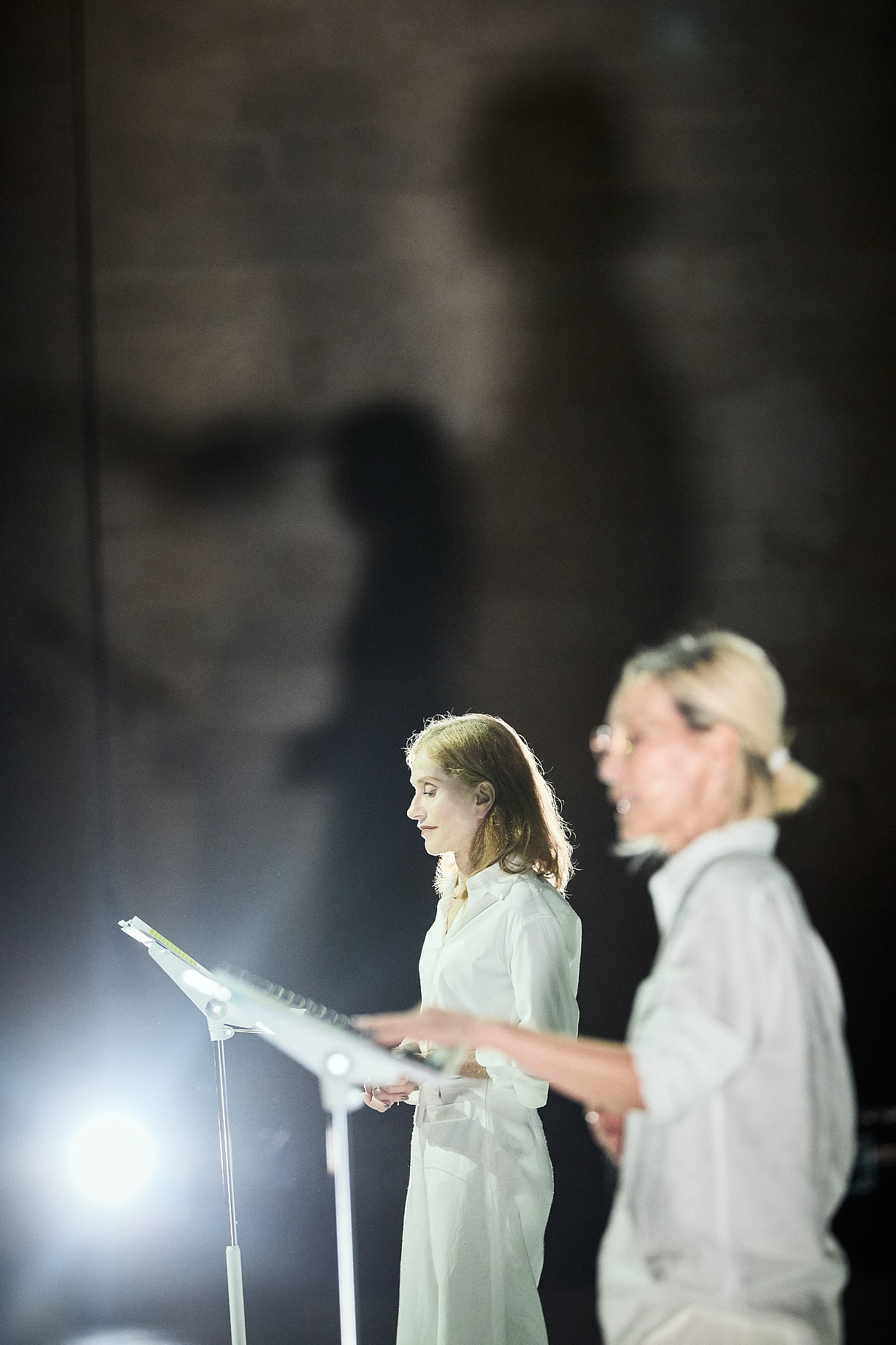 Isabelle Huppert (left) and Lee Hye-young perform in "Bird." (Festival d'Avignon)