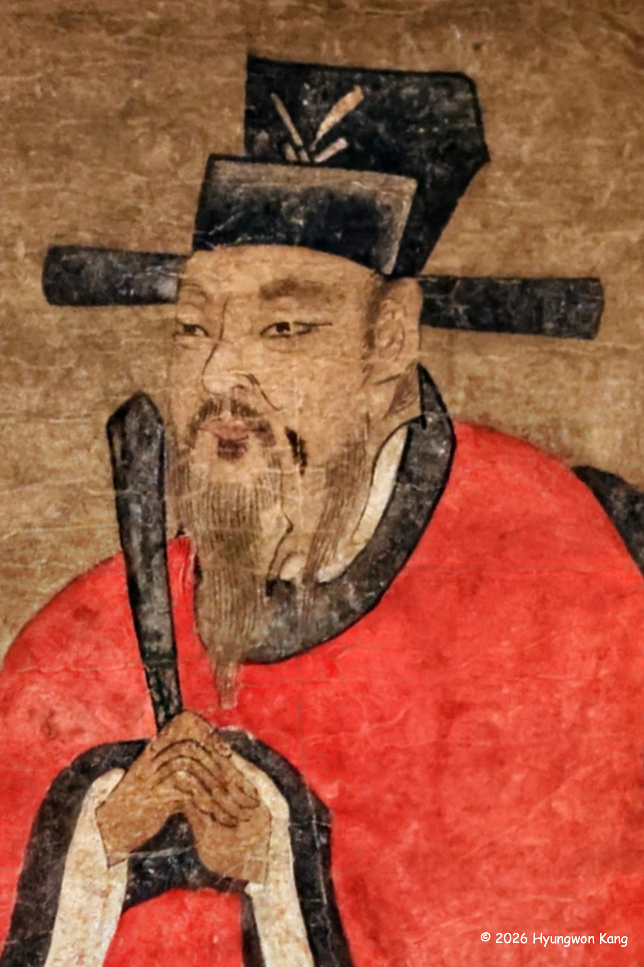 A portrait of King Gongmin of Goryeo, also known in North Korea as King Kyonghyo, is displayed at his shrine within the grounds of Jongmyo in Seoul. His memory outlasted Goryeo. After Yi Seong-gye founded Joseon in 1392, Gongmin continued to be commemorated. The portrait depicts the king alongside his queen, Princess Noguk. (Hyungwon Kang)