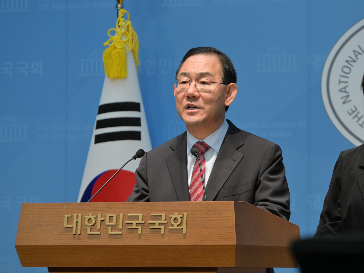 주호영 국민의힘 의원이 15일 국회 소통관에서 부처 이전 관련 기자회견을 하고 있다. [주호영 의원실 제공]