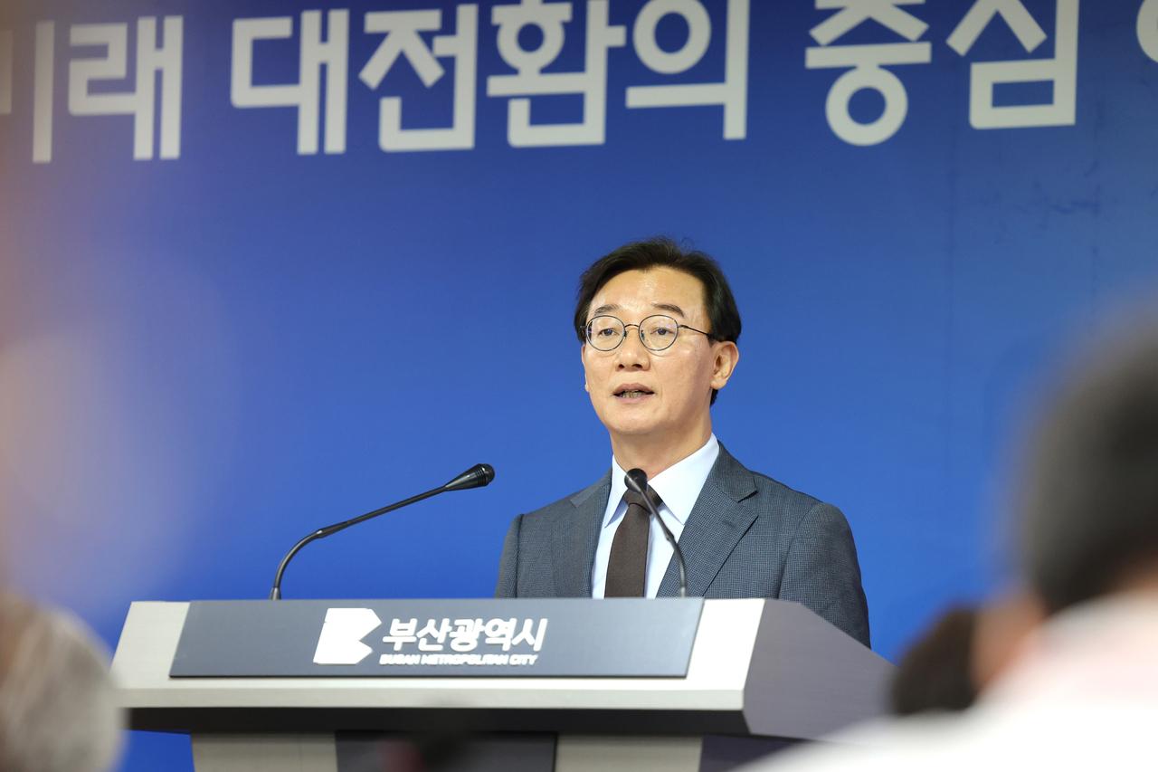 Busan Mayor Chun Jae-soo speaks during a press conference held at Busan City Hall on Wednesday. (Busan Metropolitan City)