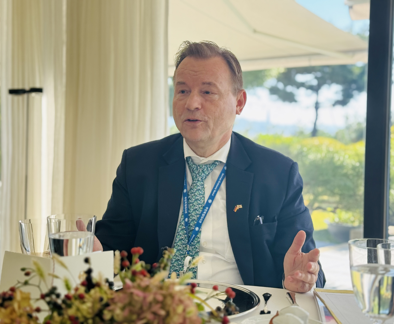 German Ambassador Georg Wilfried Schmidt speaks with reporters at his residence in Seoul on Wednesday. (Sanjay Kumar/The Korea Herald)