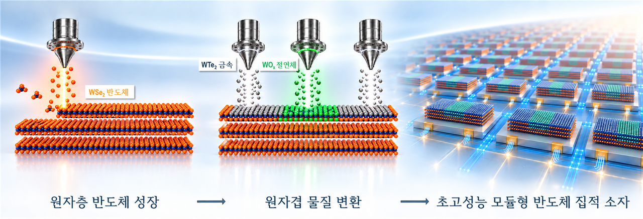 원자층 단위의 선택적 치환을 이용한 모듈형 2차원 트랜지스터 제작 개념도.[기초과학연구원 제공]