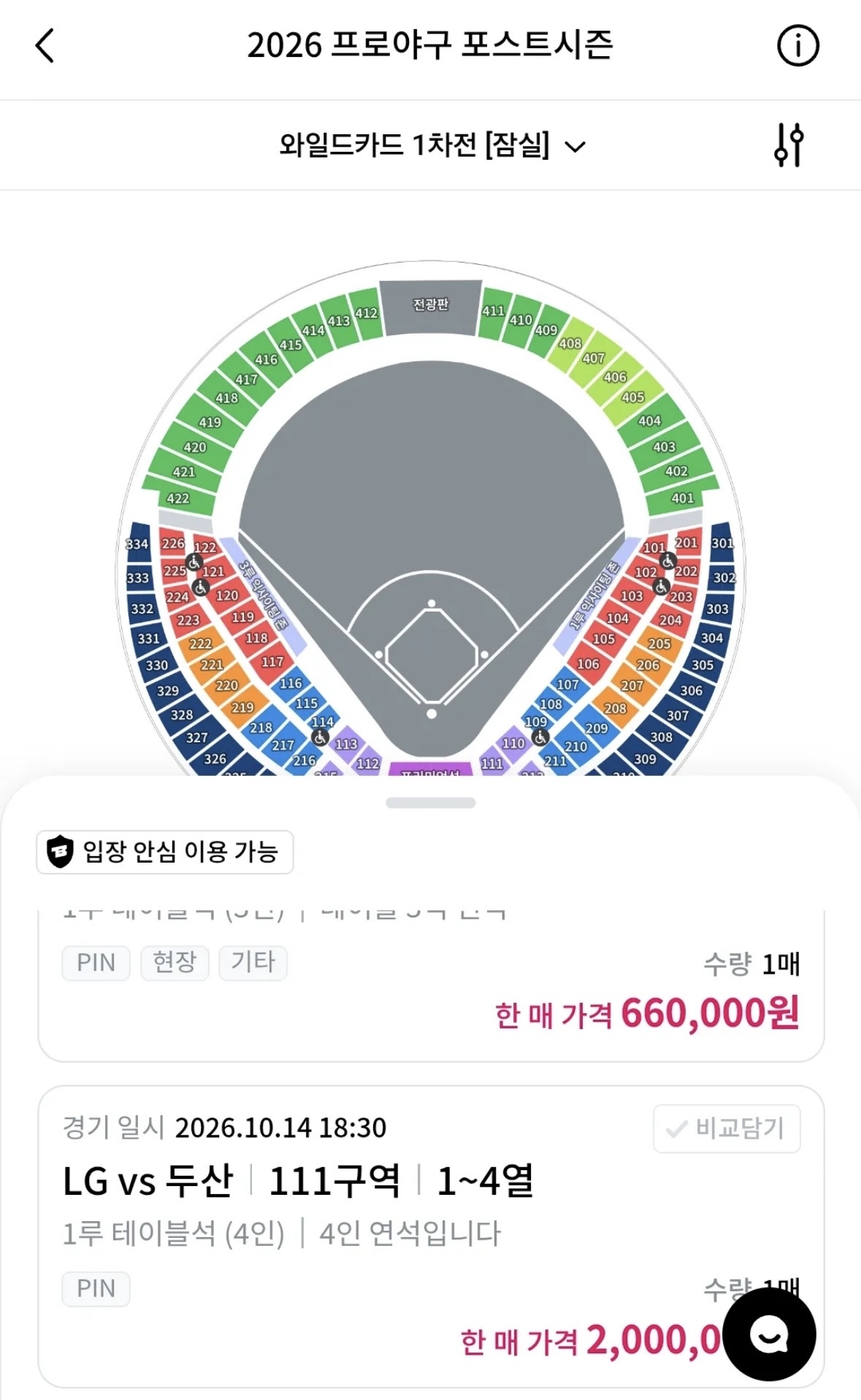 14일 온라인 티켓 거래 플랫폼에 올라온 경기 입장권 가격이 한때 200만원에 육박한 모습. [티켓베이]