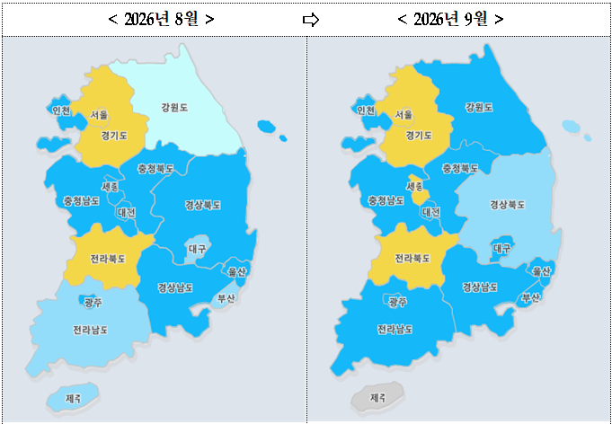 2026년 9월 부동산시장 소비자 심리조사 결과. 노랑색은 상승국면, 파랑색은 보합국면.