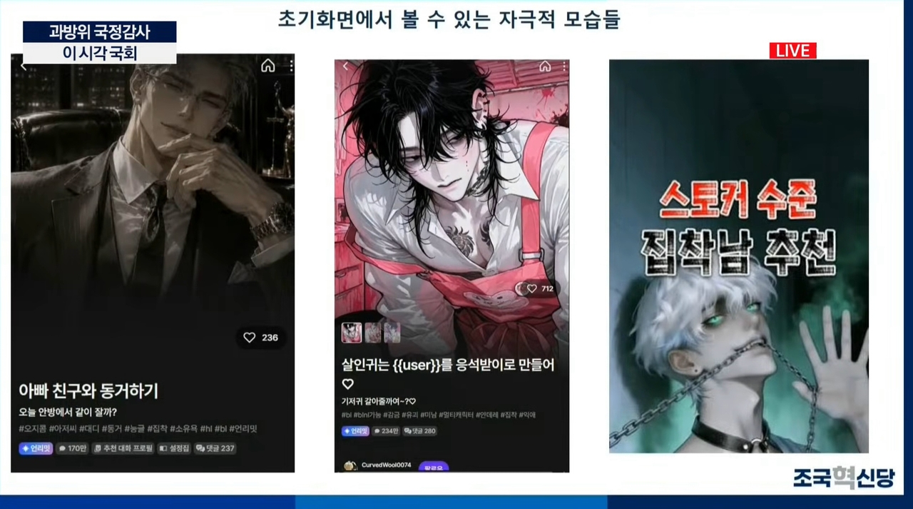 지난 12일 국회 과학기술정보방송통신위원회 국정감사에서 김선민 조국혁신당 의원이 공개한 AI 캐릭터 챗 플랫폼 초기 화면. 김 의원은 캐릭터 챗 서비스의 선정성 문제를 지적하면서 청소년 보호를 위한 실효성 있는 안전 점검이 이뤄지고 있는지 문제 삼았다. [국회티비 유튜브]
