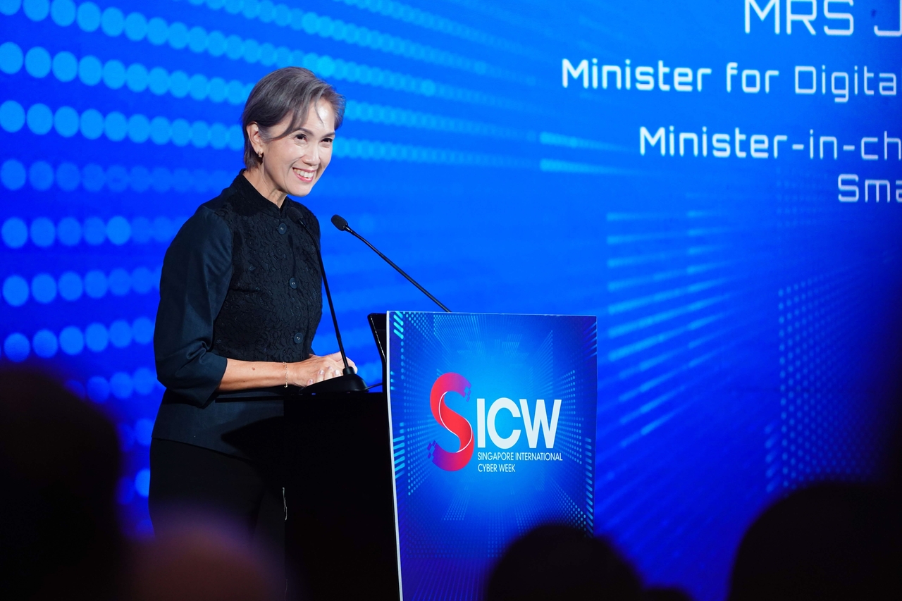 Singapore's Minister for Digital Development and Information Josephine Teo delivers her welcome address at Singapore International Cyber Week 2026 on Monday. (Ministry of Digital Development and Information)