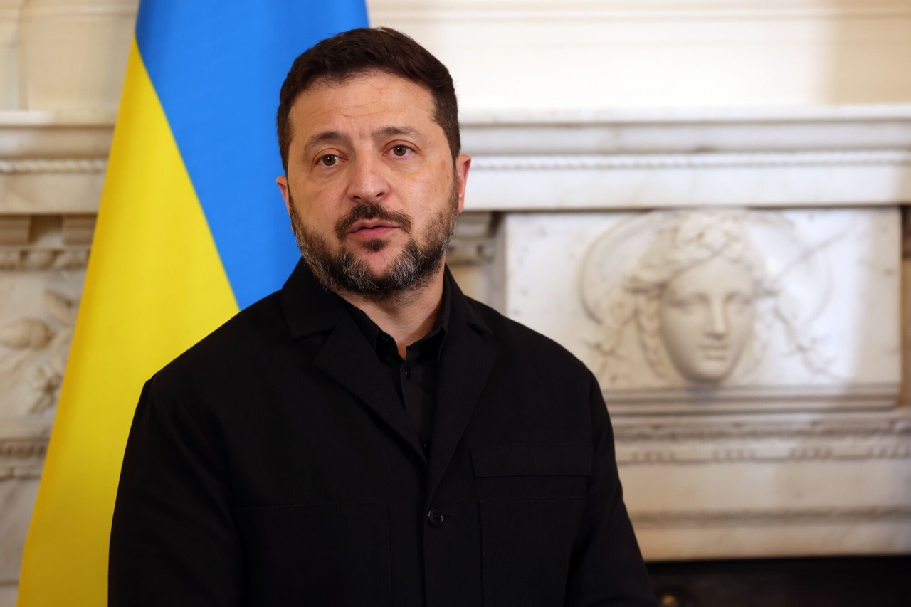Ukrainian President Volodymyr Zelensky delivers a speech during a visit to Britain on Wednesday. [EPA]