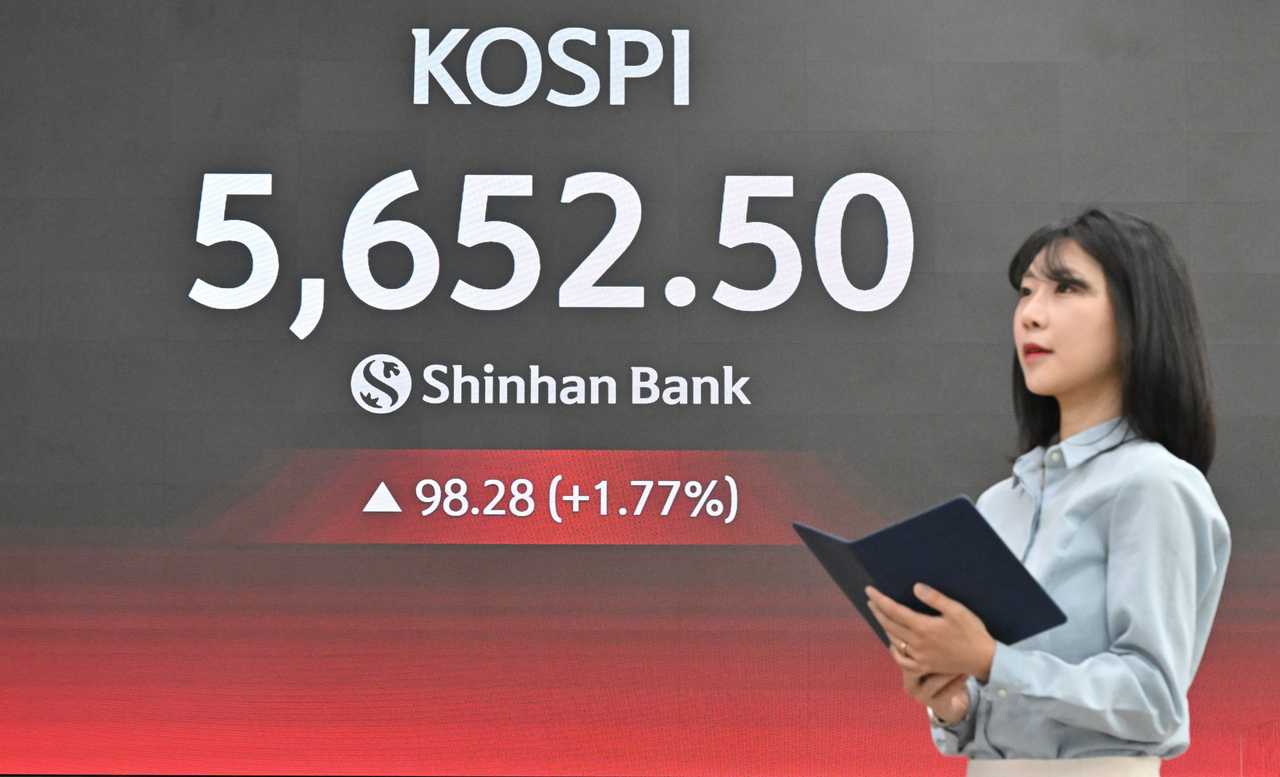 The Kospi opens higher Friday, rebounding from Thursday's sharp selloff. The index is shown at the 5,650 level on a display board in the lobby of Shinhan Bank in Jung-gu, Seoul.