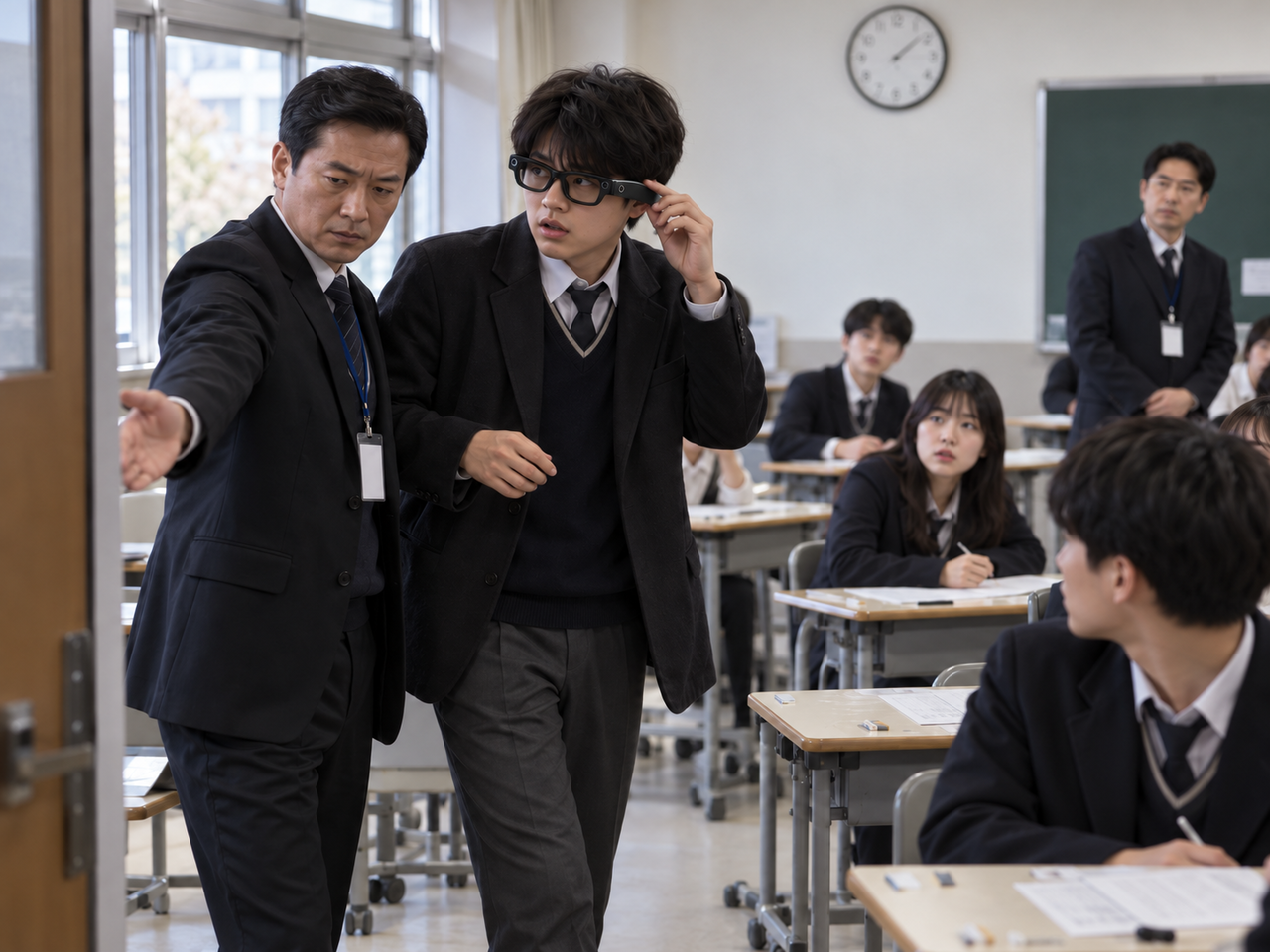 A student is escorted out of an exam hall after being caught wearing AI smart glasses. [AI-generated image]