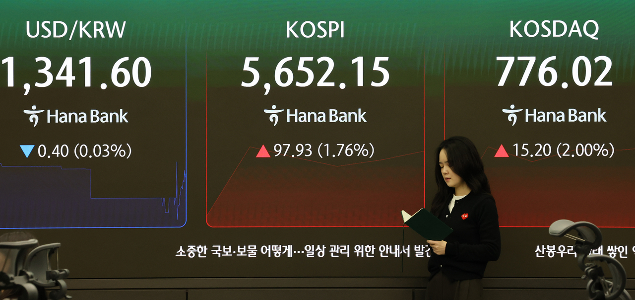 An electronic board showing the Korea Composite Stock Price Index at a dealing room of the Hana Bank headquarters in Seoul on Friday. (Yonhap)