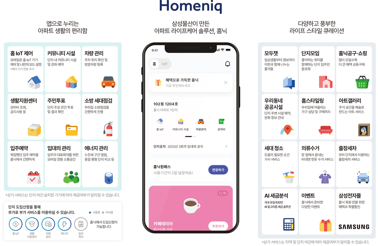 A mobile app for residents of Samsung C&T's Raemian apartments, offering services such as community gatherings and group purchases. [Samsung C&T]