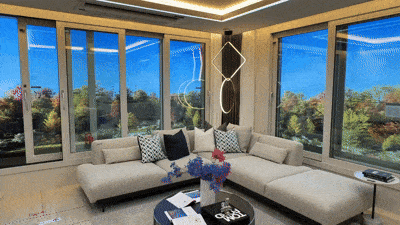 The living room of the 84-square-meter C unit at the Arkmer Dongtan model home in Dongtan-gu, Hwaseong, Gyeonggi Province.