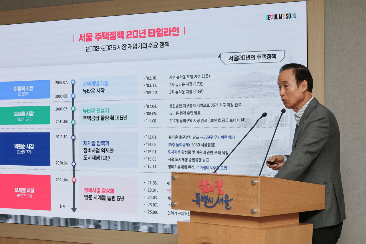 16일 서울시청에서 명노준 서울시 주택실장 직무대리가 주택공급 백서 관련 브리핑을 하고 있다. [연합]