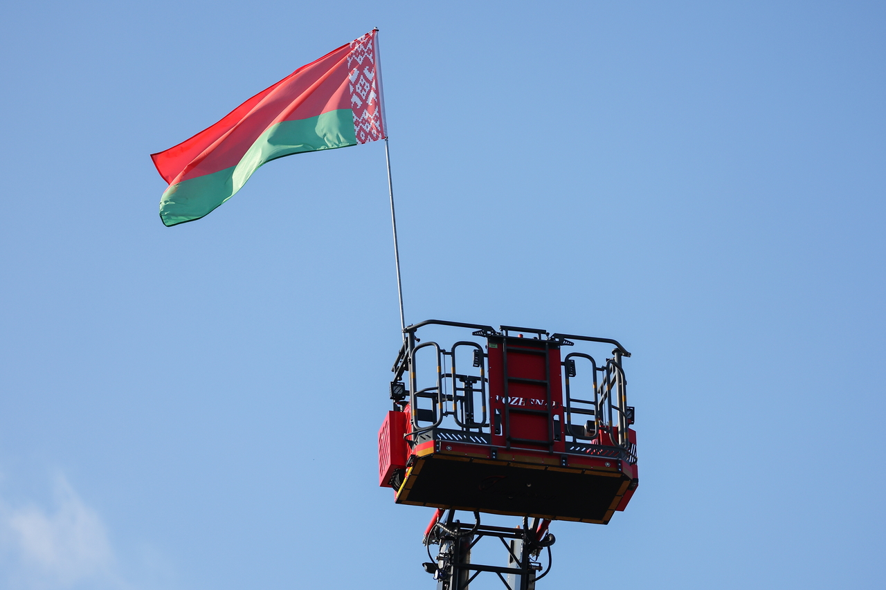The Belarusian flag flies at the INNOPROM Belarus 2026 International Industrial Exhibition held at Belexpo in Minsk on Oct. 1. [TASS]