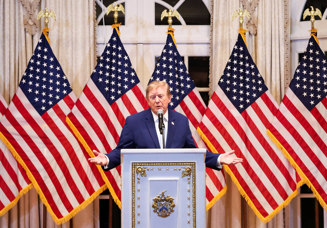 US President Donald Trump speaks at a MAGA Inc. super PAC dinner at Mar-a-Lago resort in Palm Beach, Florida, on Friday (local time). [Reuters]