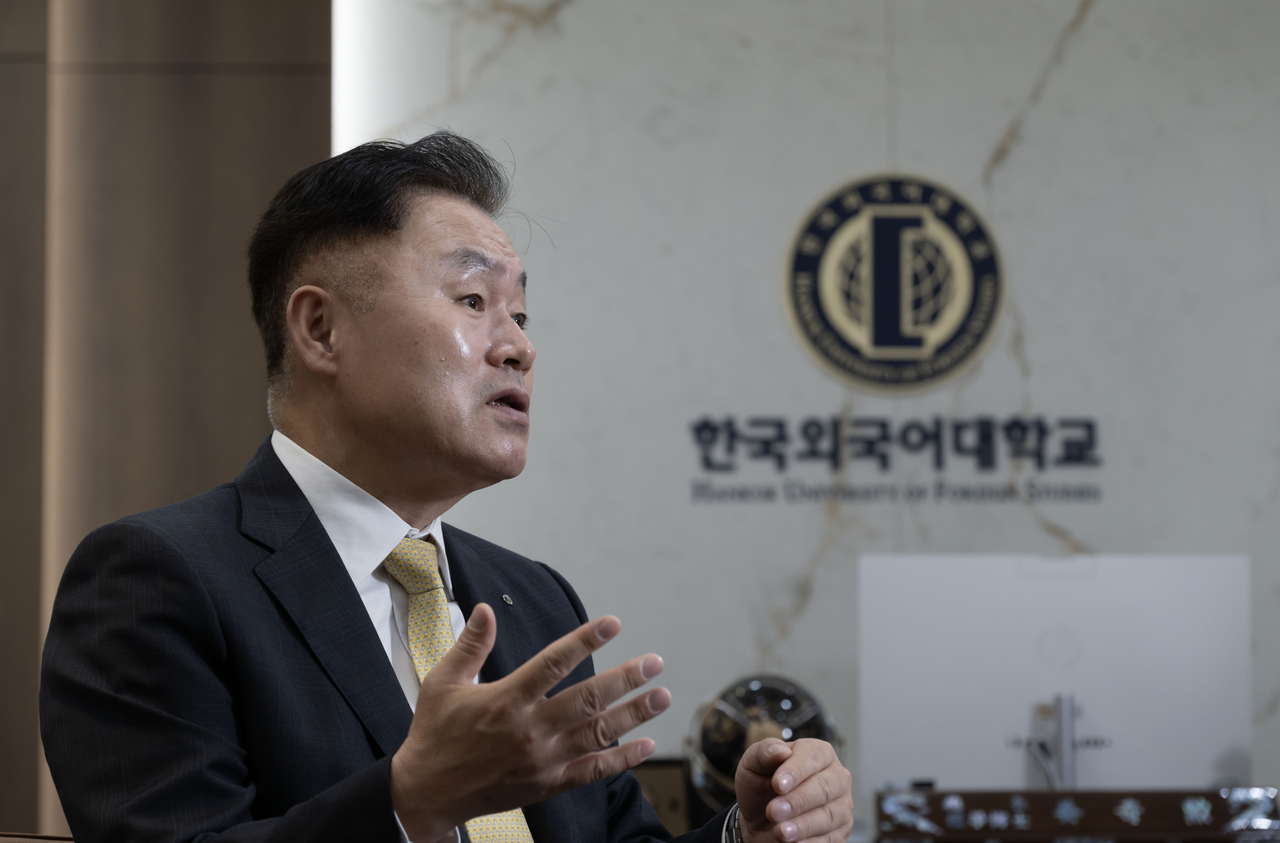 Kang Kee-hoon, president of the Hankuk University of Foreign Studies, speaks with The Korea Herald at the university's Seoul campus in Dongdaemun-gu on Sept. 30. (Im Se-jun/The Korea Herald)