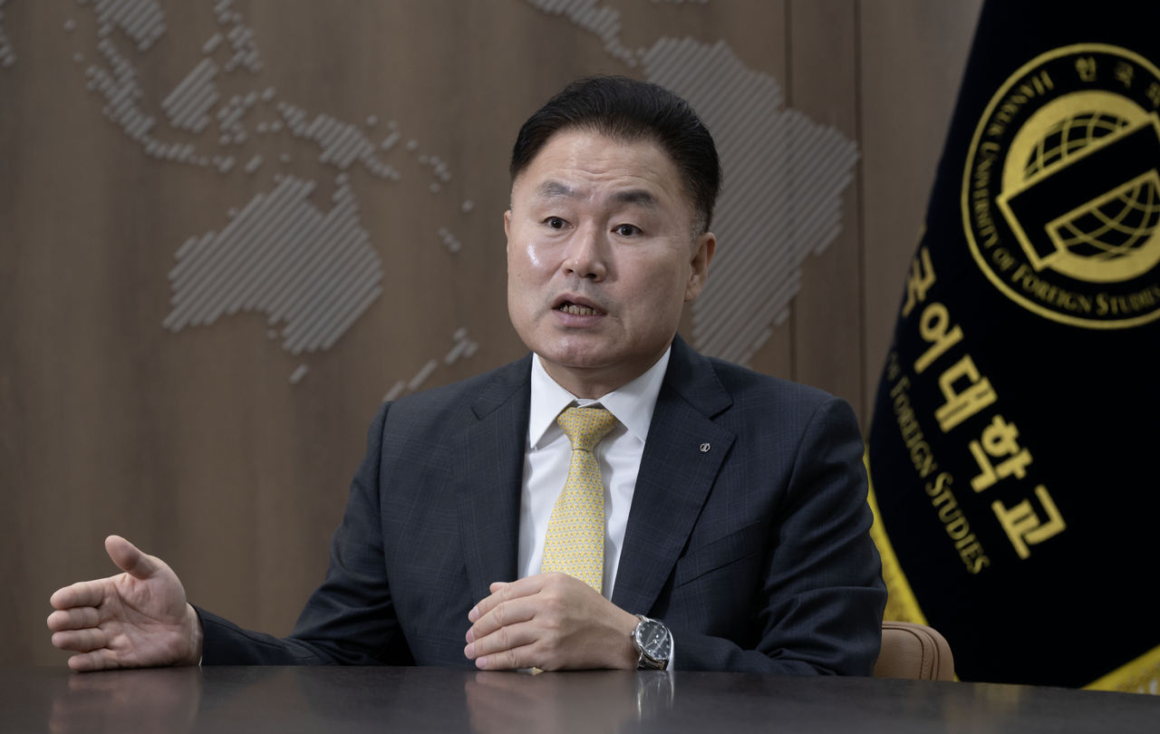 Kang Kee-hoon, president of the Hankuk University of Foreign Studies, speaks with The Korea Herald at the university's Seoul campus in Dongdaemun-gu on Sept. 30. (Im Se-jun/The Korea Herald)