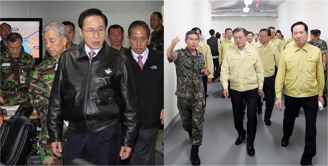 Former President Lee Myung-bak visits the Joint Chiefs of Staff command-and-control center in 2010 (left), while former President Moon Jae-in visits the B-1 bunker in 2018, accompanied by the defense minister and JCS chairman, in these separate photos. (Cheong Wa Dae Joint Press Corps, Cheong Wa Dae; composite by The Korea Herald)
