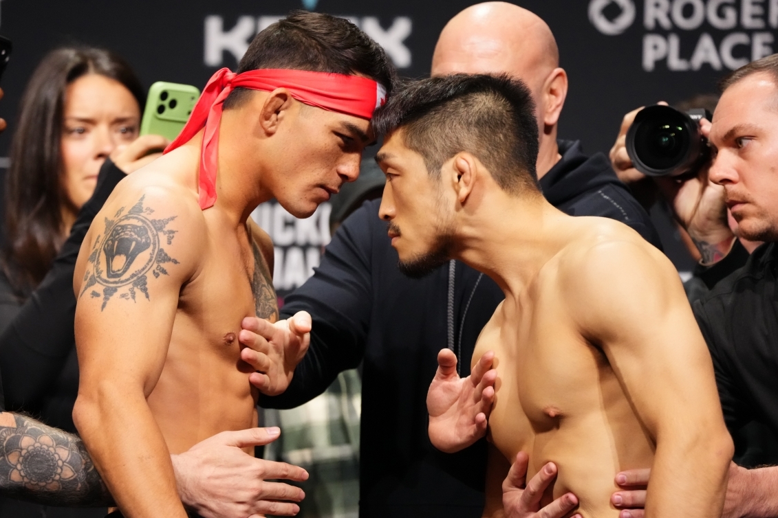 Yoo Su-young (right) defeated Cody Kovanchek by kimura in the third round at UFC Edmonton on Sunday. The photo shows the two squaring off at the face-off on Saturday. [UFC]