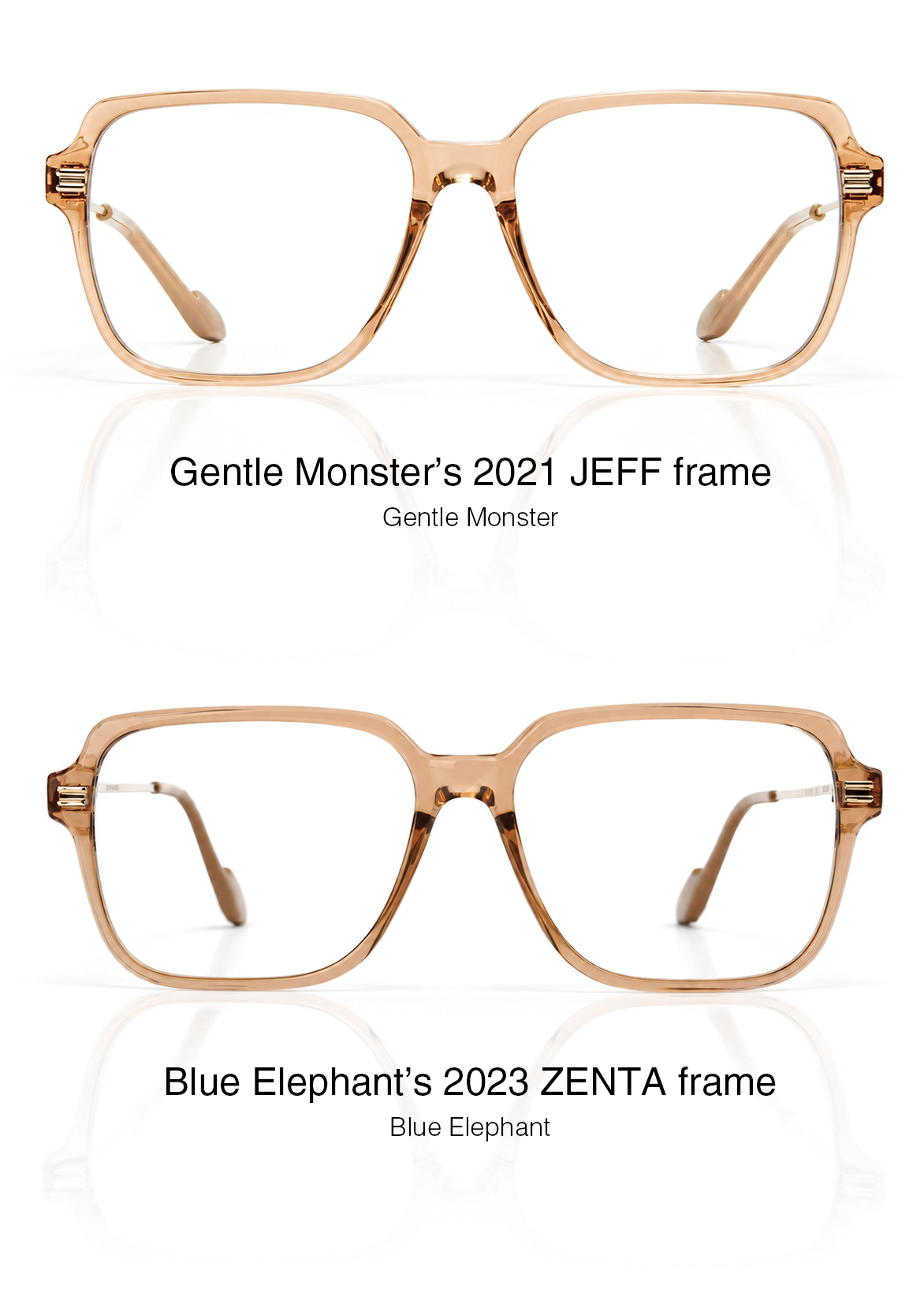 Gentle Monster’s JEFF frame (top), released in August 2021, and Blue Elephant’s ZENTA frame (bottom), released in March 2023, are among 51 models at the heart of an intellectual property dispute between the two companies. (Gentle Monster, Blue Elephant)