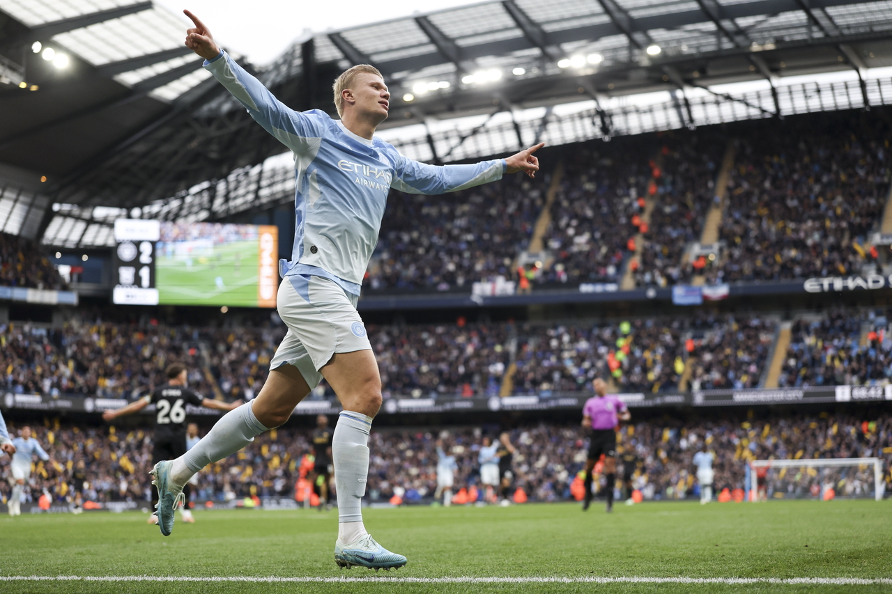 Manchester City's Erling Haaland celebrates scoring the teams third goal against Ipswich Town, in Manchester, England, Saturday. (EPA-Yonhap)