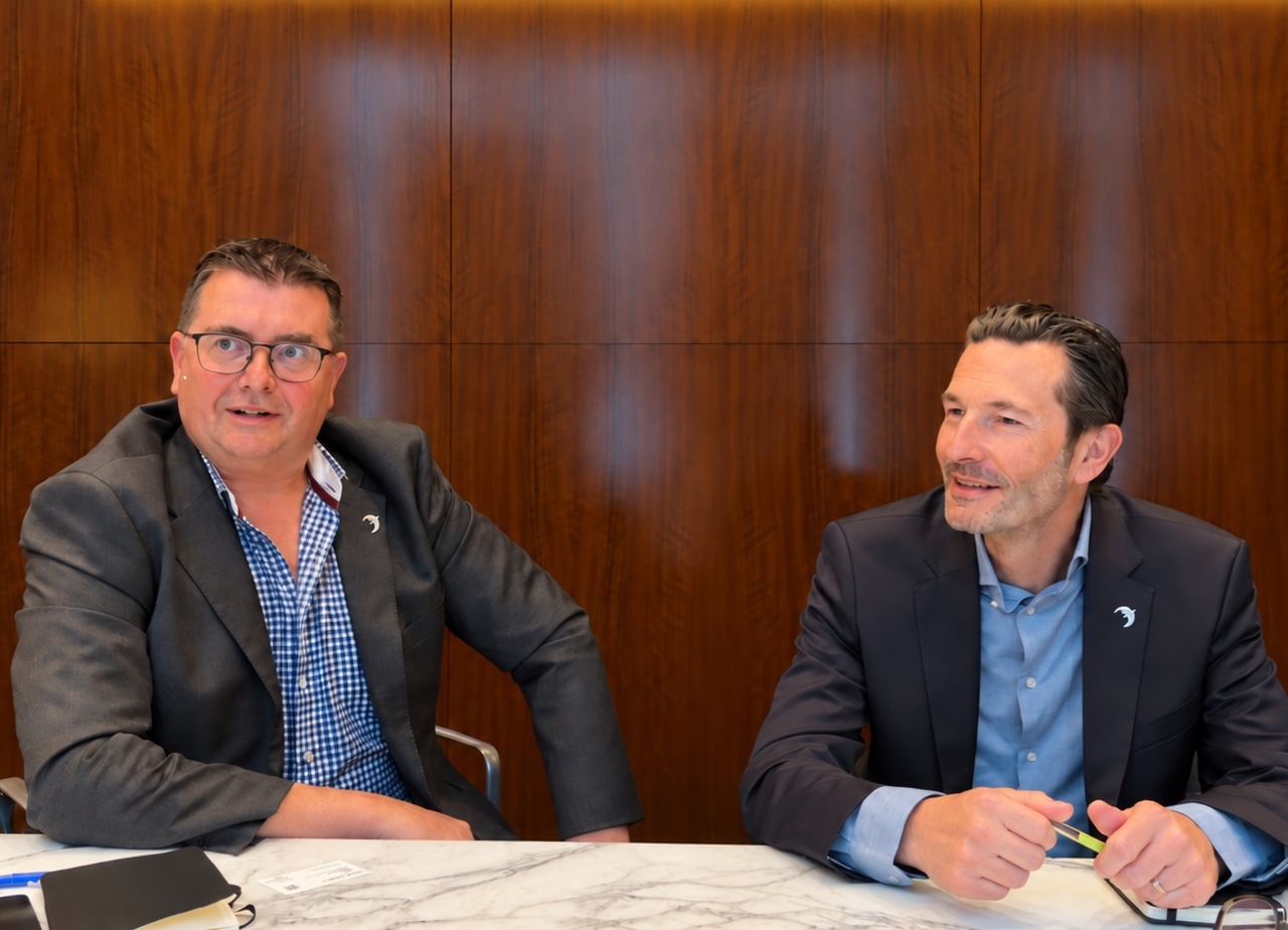 David Pratt (left), president of Asia Pacific at Inchcape Shipping Services, and Nicolas Wauters, vice president of government services, speak during an interview with The Korea Herald in Seoul on Friday. (Inchcape Shipping Services)