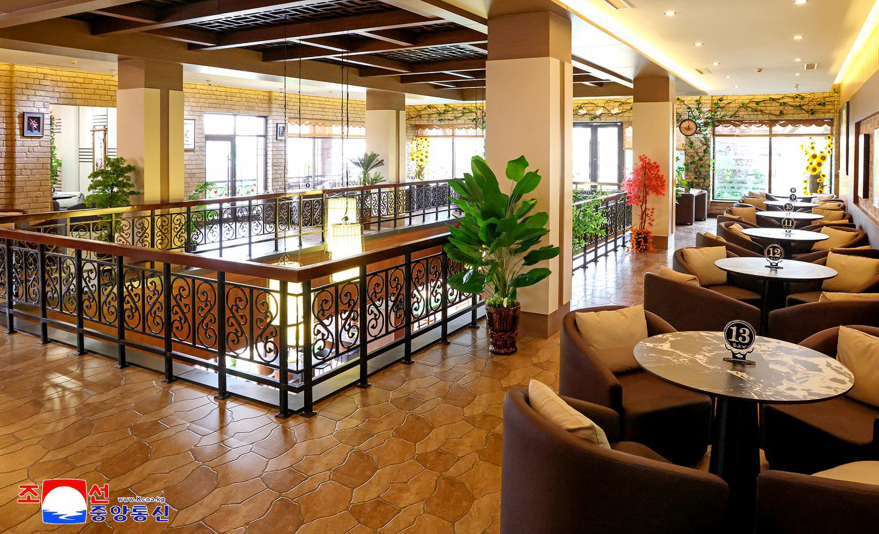 The interior of the newly built Sinuiju Bulgogi Restaurant, which can accommodate hundreds of diners, in Sinuiju, North Pyongan Province, North Korea, as reported by the Korean Central News Agency on Sept. 10. (KCNA/Yonhap)