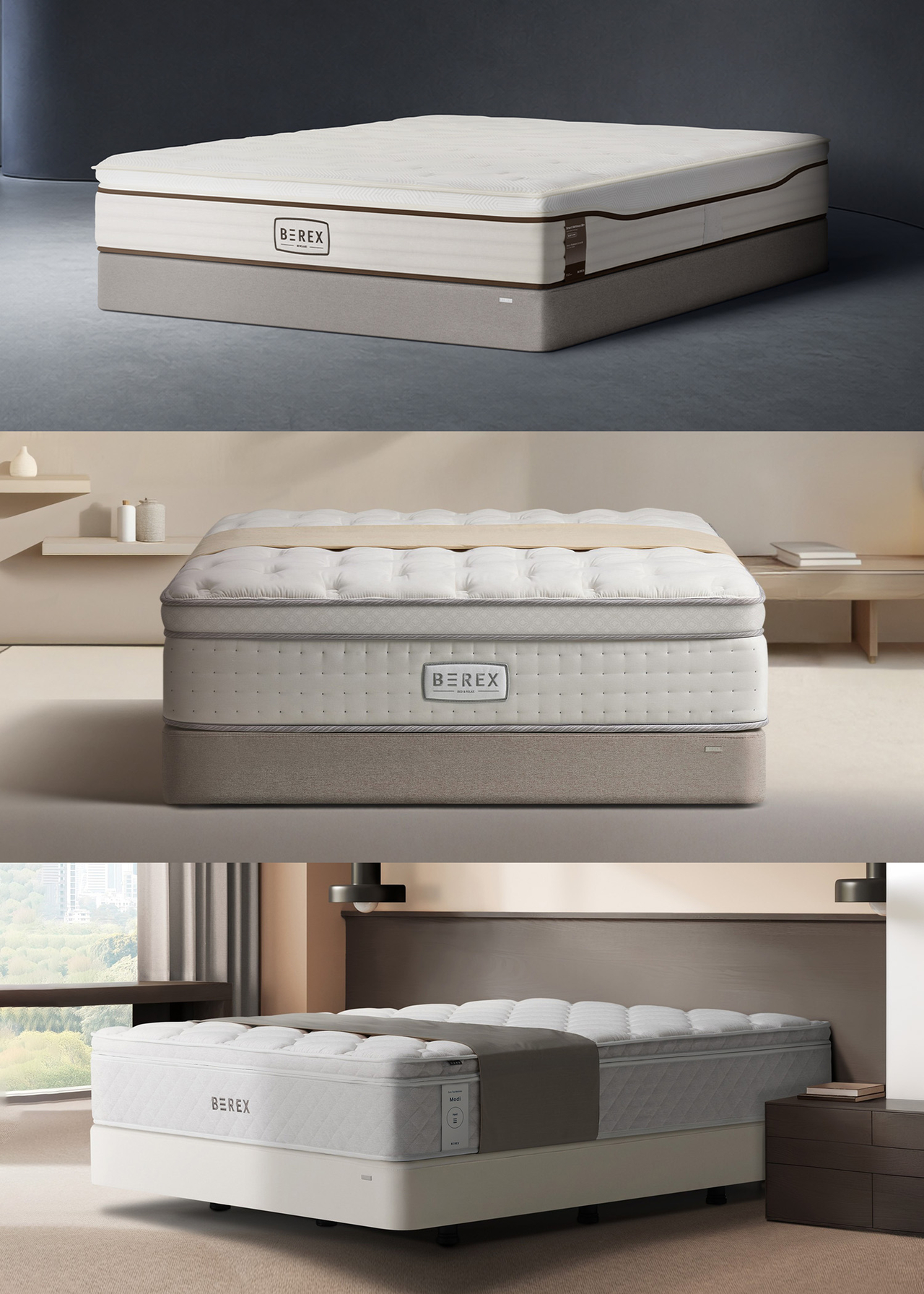 Coway's BEREX mattresses, from top to bottom: the Modi Mattress, Signature Fireshield Mattress and Smart Mattress S8+ with Sleep Sync technology. (Coway)