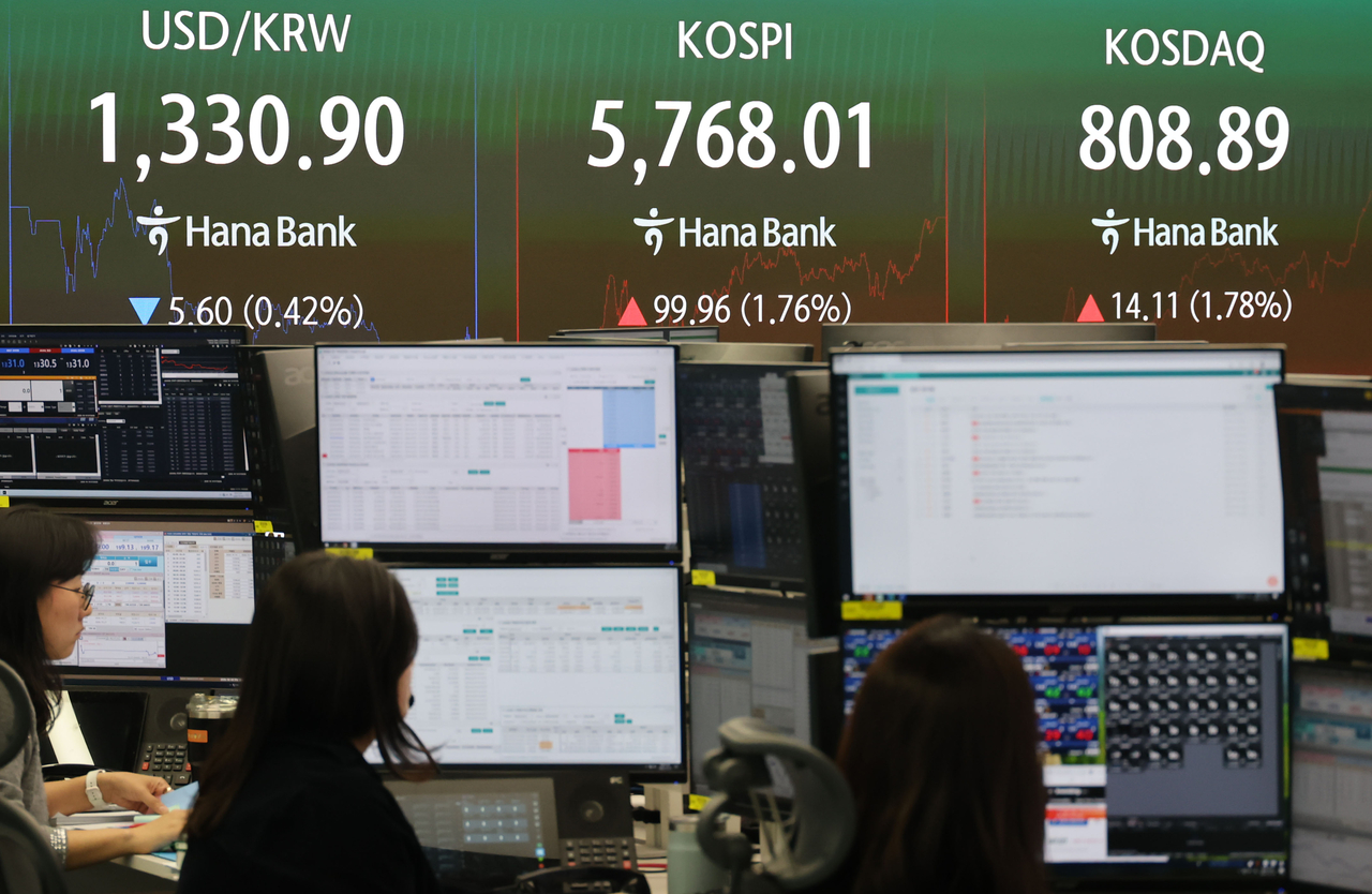An electronic board showing the Korea Composite Stock Price Index at a dealing room of the Hana Bank headquarters in Seoul on Monday. (Yonhap)