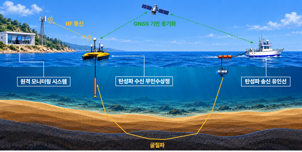 무인수상정 기반 해양 굴절법 탄성파 탐사체계 및 자료취득 개념도.[한국지질자원연구원 제공]