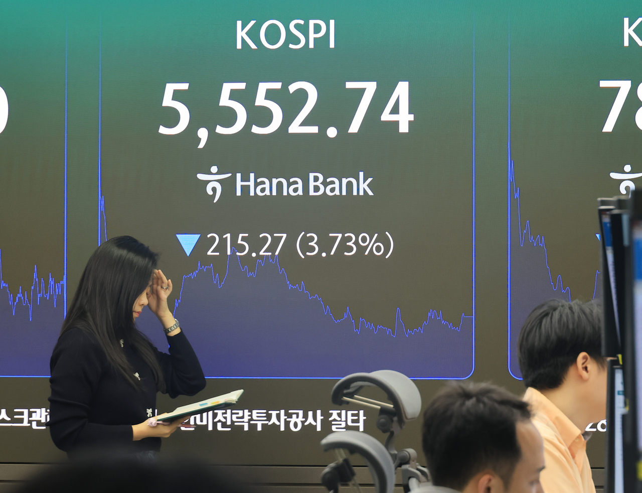 An electronic board showing the Korea Composite Stock Price Index at a dealing room of the Hana Bank headquarters in Seoul on Tuesday. (Yonhap)