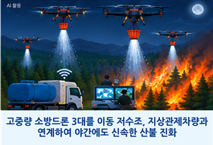 밤 시간대 산불을 진화하기 위해 드론을 투입할 수 있게 됐다. 국토교통부는 물주머니를 장착한 드론을 산불 진화현장에 투입하는 서비스를 규제특례로 의결했다. 사진은 개념도.