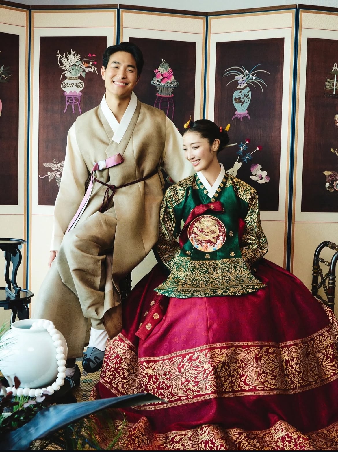 EJae and Samuel Kim pose in traditional Korean wedding attire during their paebaek ceremony at Stage 28 in Gangdong-gu, Seoul, Saturday. (Ejae's Instagram account)
