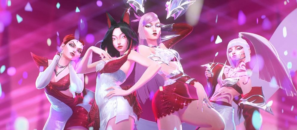 From left: K/DA's Evelynn, Ahri, Kai'Sa and Akali perform in the music video for "Firestarter." (Riot Games)