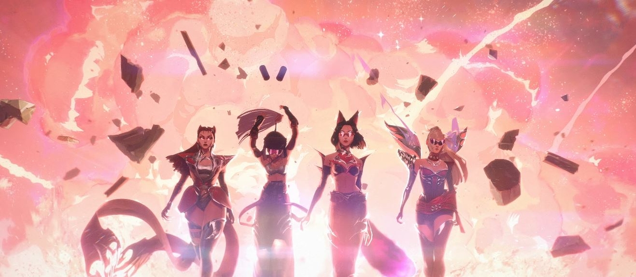 From left: K/DA's Evelynn, Akali, Ahri and Kai'Sa appear in the music video for “Firestarter.” (Riot Games)