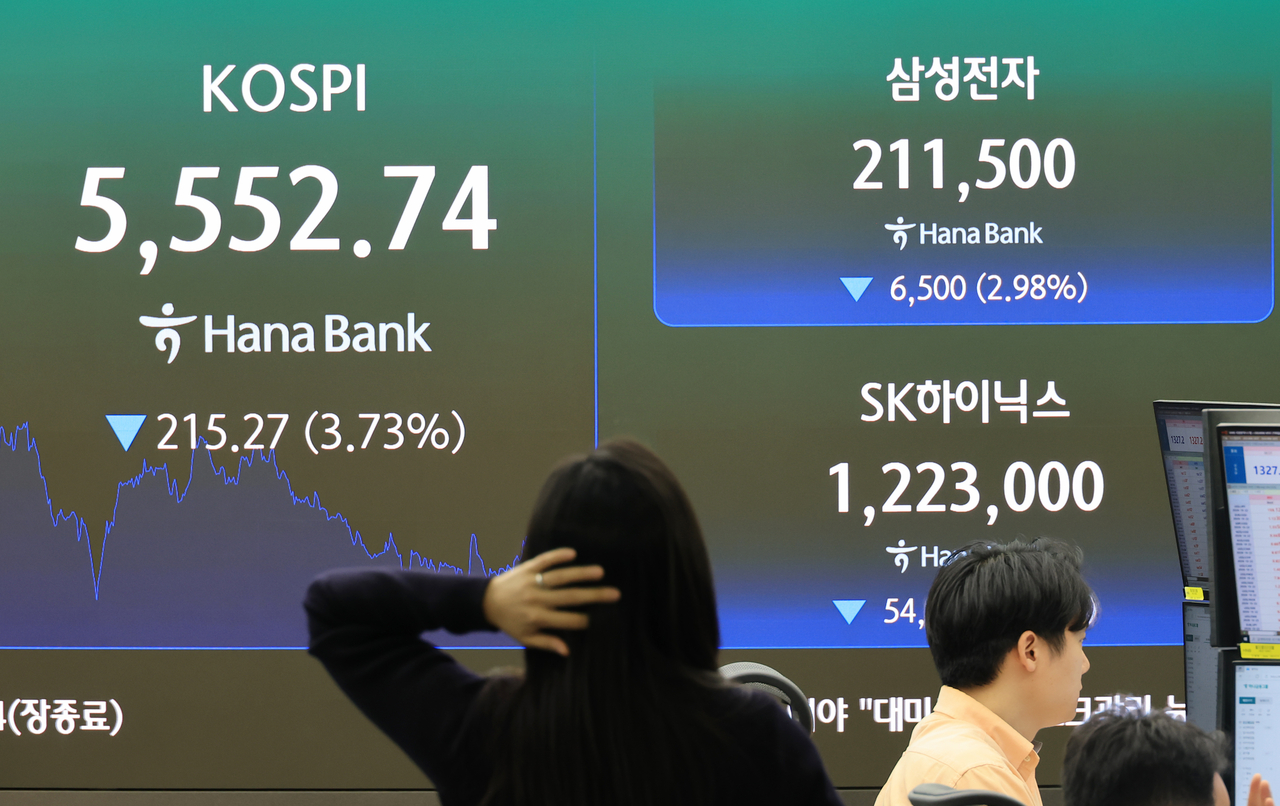 20일 서울 중구 하나은행 본점 딜링룸에 코스피가 표시되고 있다. 이날 코스피는 전일보다 3.7% 급락한 5552.74로 장을 마쳤다. [연합]