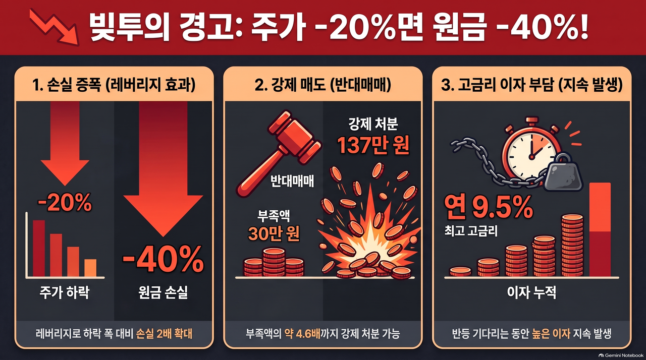 주가 하락에 따른 레버리지 투자 손실 확대와 반대매매 위험, 신용거래융자 이자 부담을 설명한 그래픽. [구글 노트북LM]