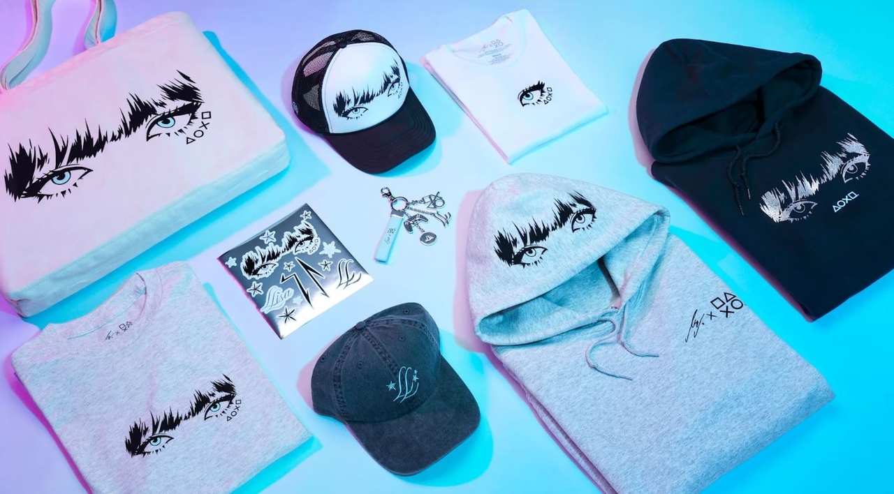 A selection of Lisa-designed merchandise, including apparel, hats, tote bags, keychains and stickers (Sony Interactive Entertainment)